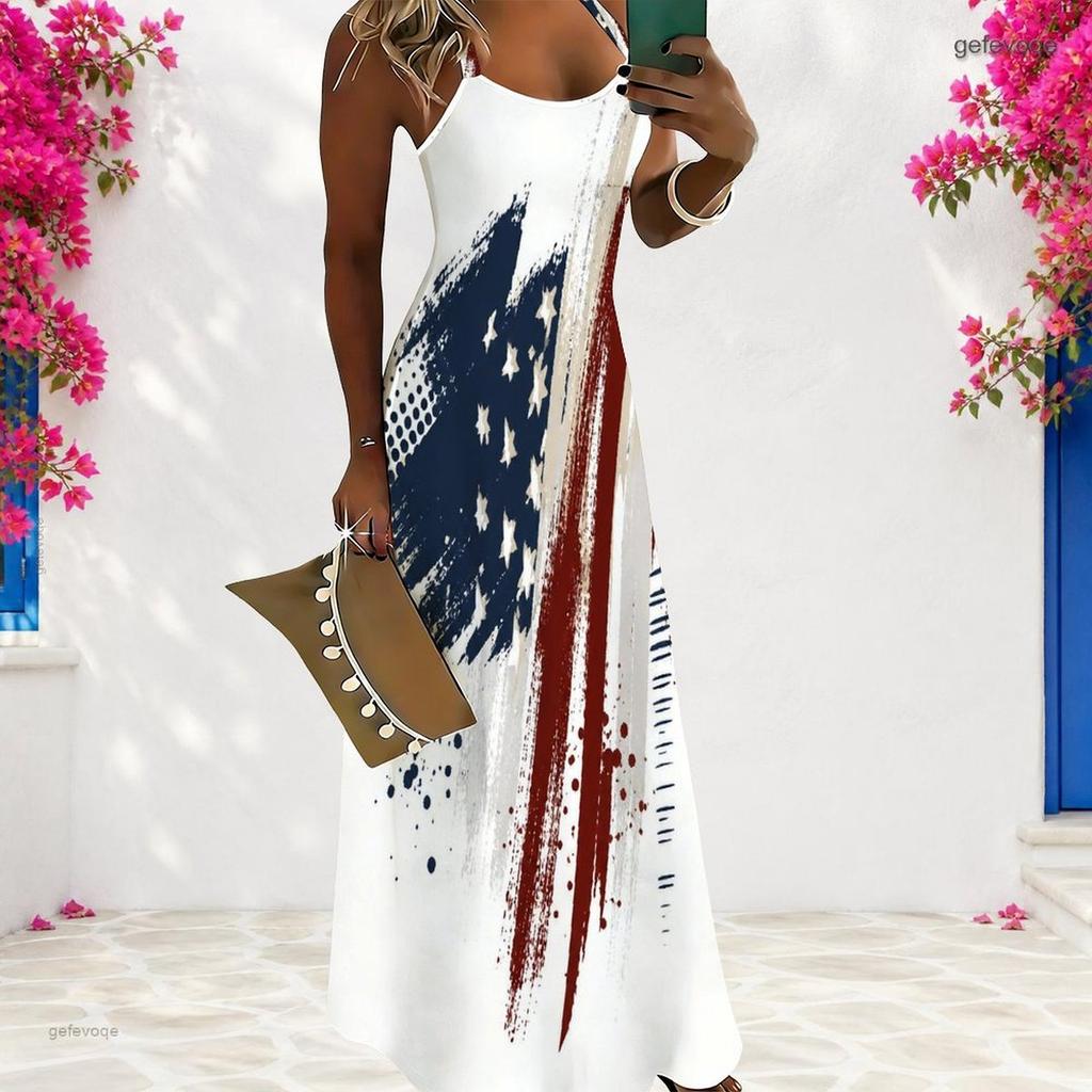 Women Plus Size Scoop Neck Strappy Sleeveless American Flag Printed A Line Long Dress