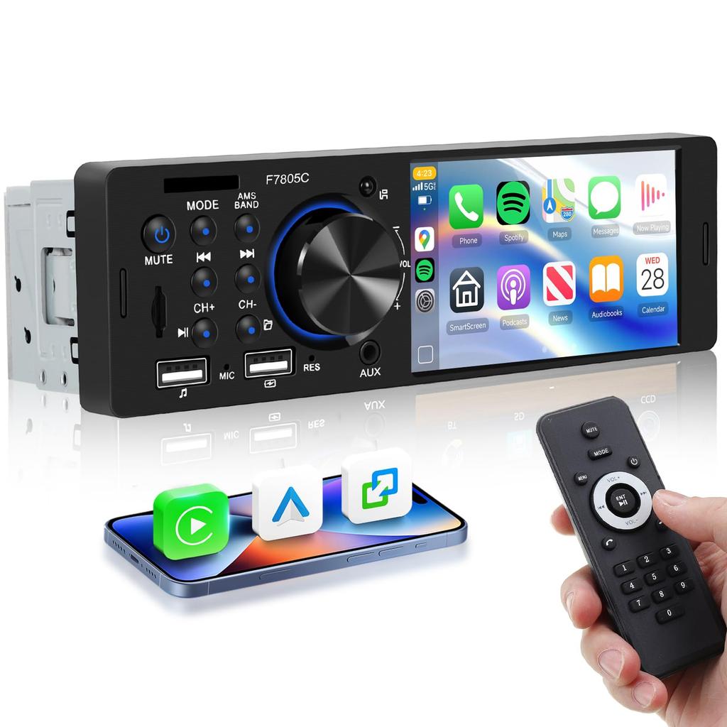 Hodozzy 1DIN Car Stereo, Bluetooth Compatible, CarPlay/Android Auto, Support Car Audio 4" Touch Screen,