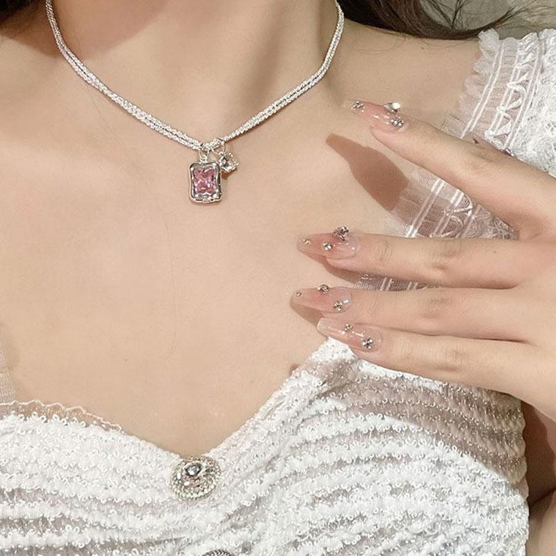 Silver Shiny Clavicle Chain Double-layer Necklace Square Pendant Replaceable for Six Colors Pendant Female Lover Gift