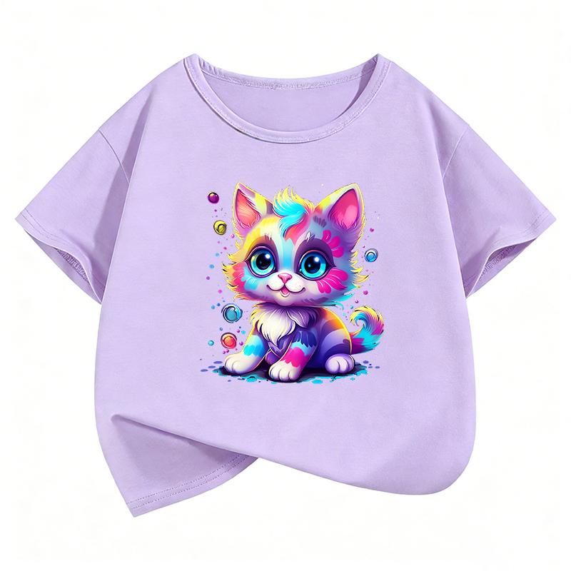 Funny Colorful Cat Design TShirt Printed T Shirt Girls Summer Clothes Short Sleeve Tops TShirts Cute Cat Girls Clothing