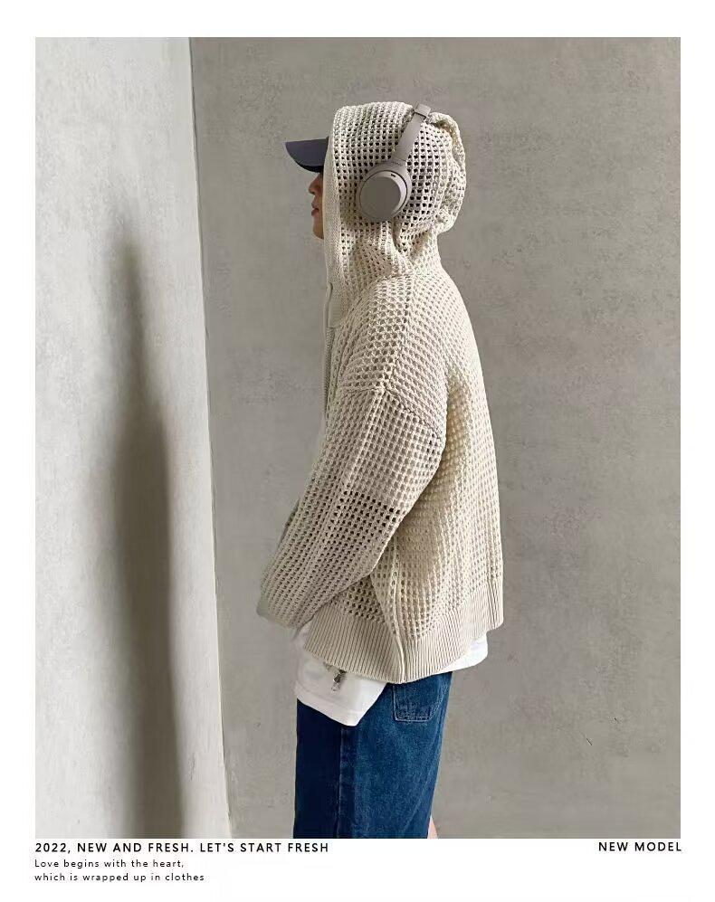 Men's High-Grade Hooded Cardigan - Lightweight Knitted Sweater, Sun-Protective, Hollow Design for Couples.