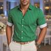 Men's Fashion Striped Loose Short Sleeve Shirt Casual Breathable Lapel Button Shirt Soft and Comfortable Festival Top