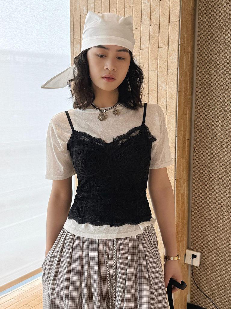 French Lace Boning Strap Camisole - Spring/Summer Slimming Textured Top for Women