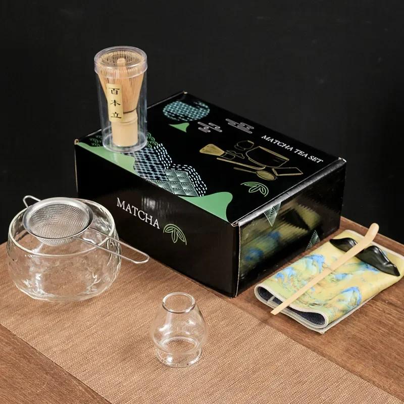 Glass Matcha Sets Hammered Transparent Round Chawan Chasen Holder Bamboo Tea Brush Traditional Tea Ceremony Culture Lover's Gift