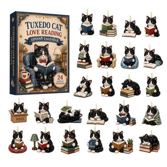 Christmas Tree Decor 24 Days Advent Calendar 2026, 2D Acrylic Reading Cats/Dogs/Forest Animals Ornament Countdown Calendar, Cute Pet Pendants for Xmas