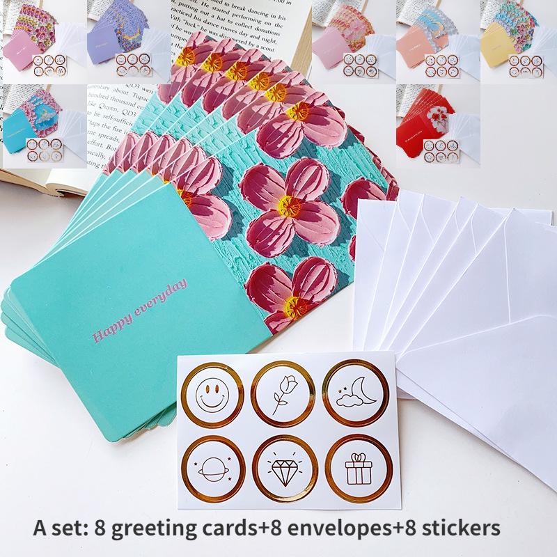 8PC High value literary small fresh oil painting greeting card foldable creative holiday birthday es gift message small card