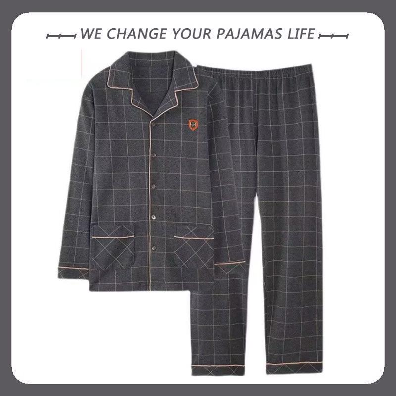 

2023 Мужская пижама с длинным рукавом из 100% хлопка - Весенне-осенний стиль для мальчиков-подростков M