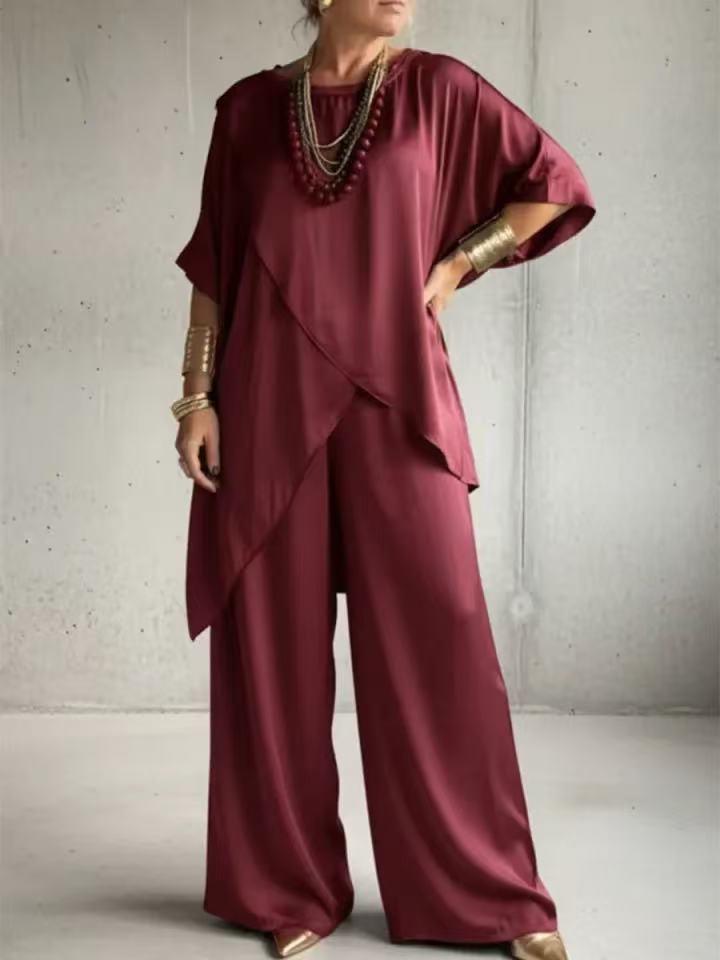 

2026 European Women s Satin Casual Set - Round Neck, Loose Fit, Irregular Hem S