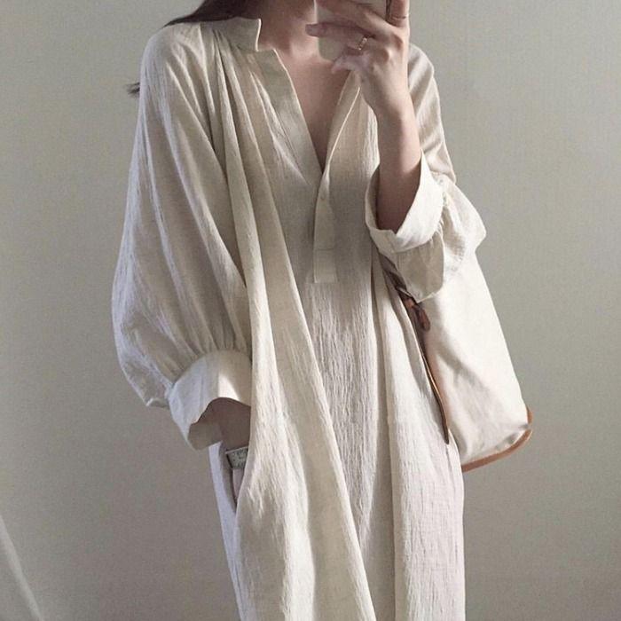 Korean Chic Loose Lazy Style Niche Cotton Linen Shirt Dress Women's Mid-Length V-Neck Knee-Length White Dress