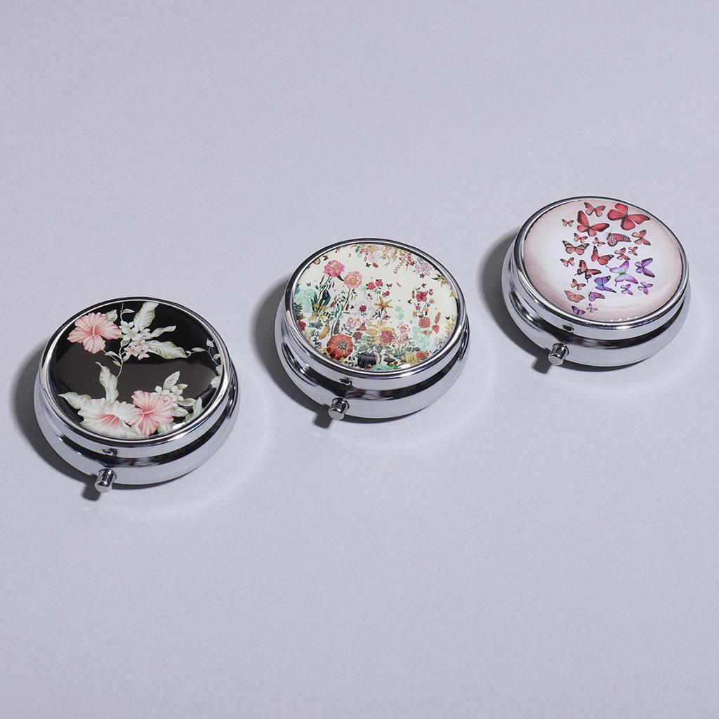 outdoor Metal Round Natural Flowers Pill Boxes Holder 3 Grids Medicine Case Small Portable Case Container Splitters For home
