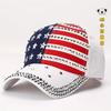 Rhinestone Embellished Patriotic Flag Baseball Cap Men Women Wide Brim Flat Top Cotton-Like Hemp