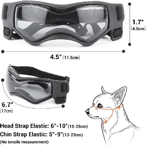 Dog Goggles Dog Sunglasses for Small Breed UV Protection Windproof with Adjustable Head Straps Chin Straps for Ride Car/Hiking Travel/On Beach-Black