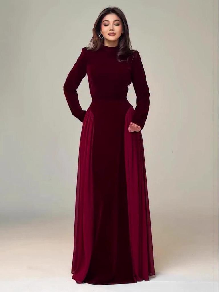 Spring 2026 Women's Gold Velvet Chiffon Slim-Fit Dress