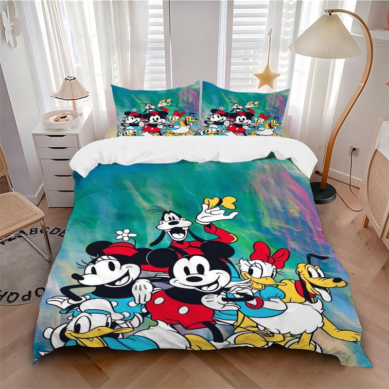 3pcs Mickey Minnie Goofy Pluto Donald & Daisy Duck Bedding Set 1 Soft Quilt Cover + 2 Pillowcases, Machine Washable