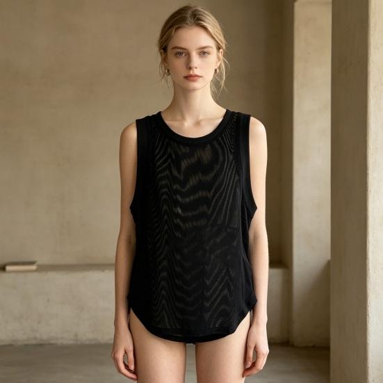 Women Vest Solid Color Loose Fit Sleeveless Tops Round Neck Mesh Yarn Splicing Thin Yoga Sport Tops Daily Wear