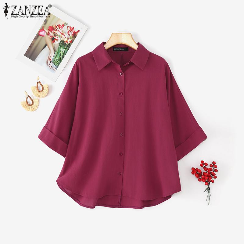 ZANZEA Blusa de Algodón Casual para Mujer con Cuello Vuelto, Manga 3/4 Suelta