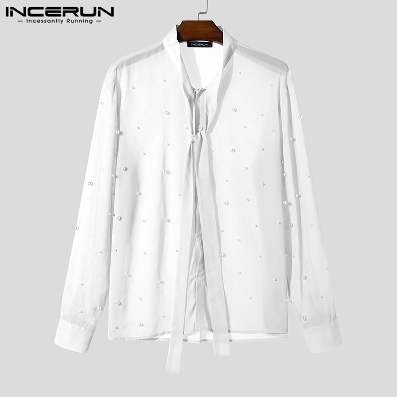 INCERUN Men Lace Up Neck Pearl Decoration Mesh Long Sleeve T-shirts Tops