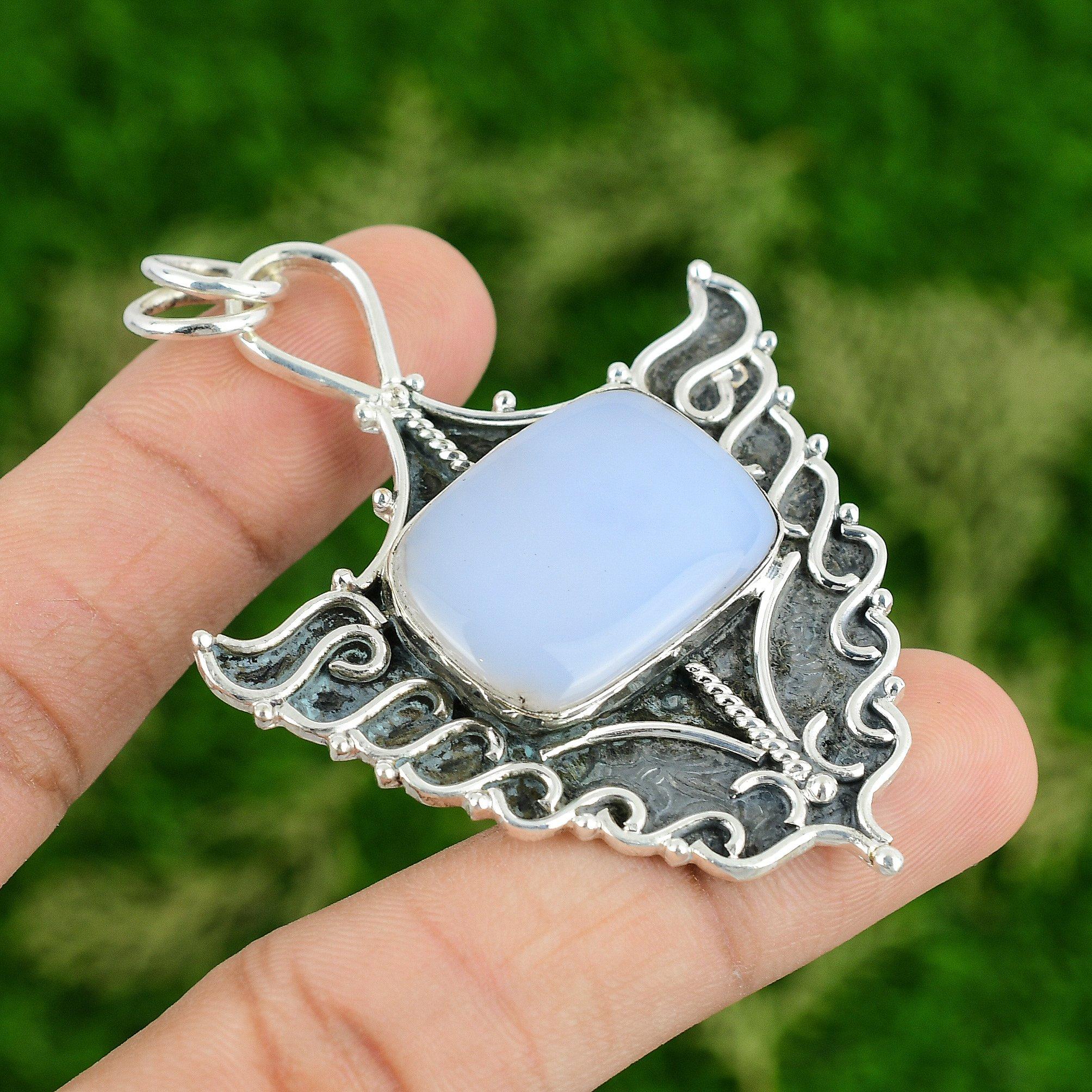 

925 Silver Radiant Blue Lace Agate Stone Anniversary Artisan Bezel Boho Pendant
