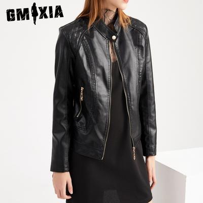 Women's Solid Color Print PU Leather Jacket with Plus-size Standing Collar Spring and Autumn Long Sleeve Jackets & Coats