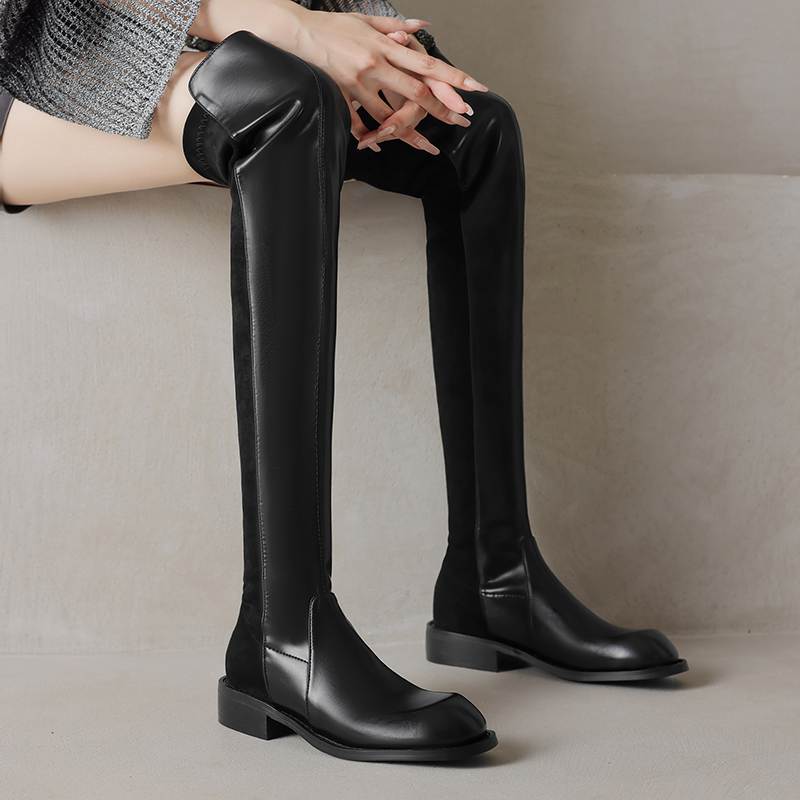 Krazing Pot Flock Microfiber Autumn Winter Shoes Thick Heels Size 43 Long Boots Black Brown Stretch Over-the-knee Boots