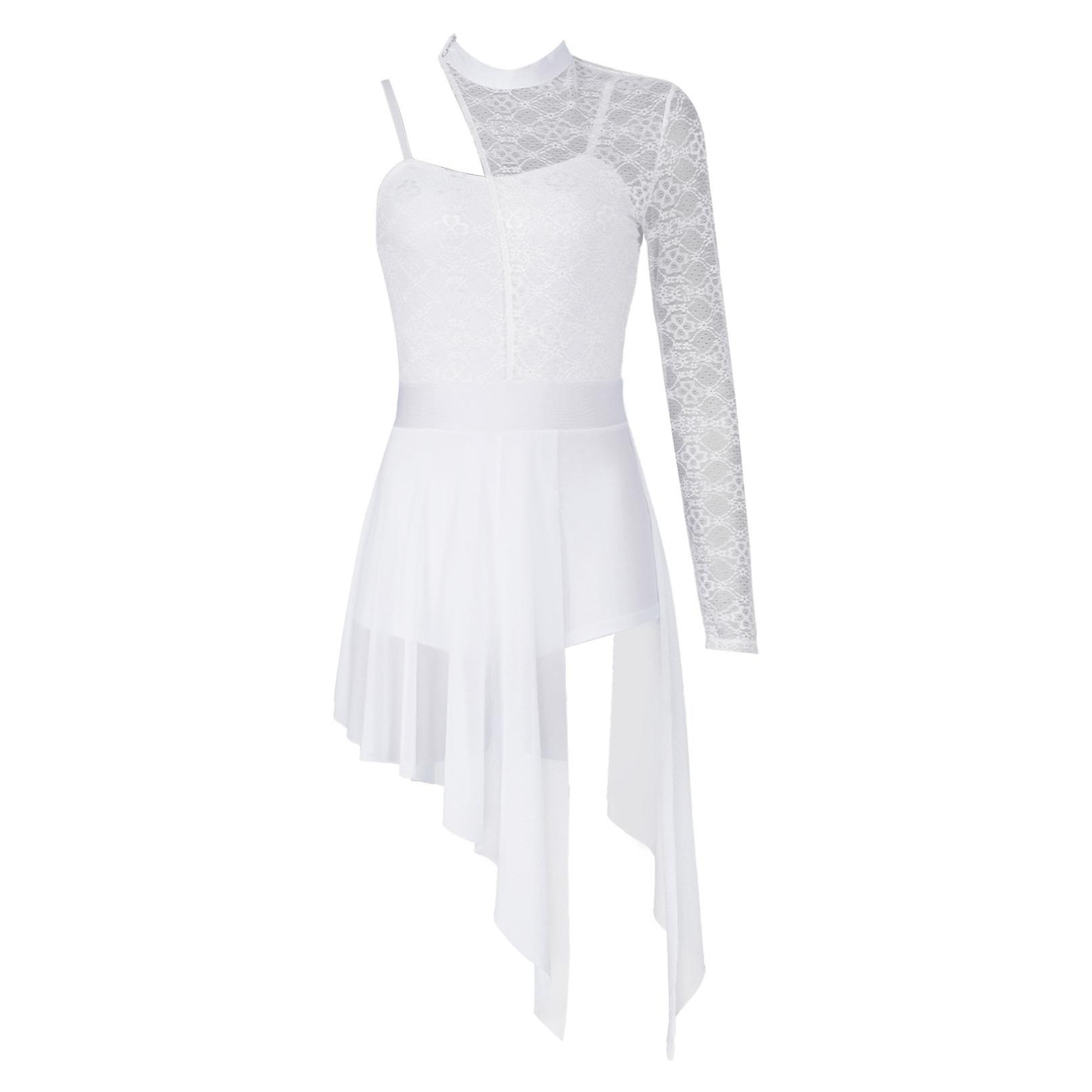 

Жіноче ліричне сучасне танцювальне плаття, костюм для фігурного катання, одне плече, прозора сітка, танцювальні сукні з асиметричним краєм M білий