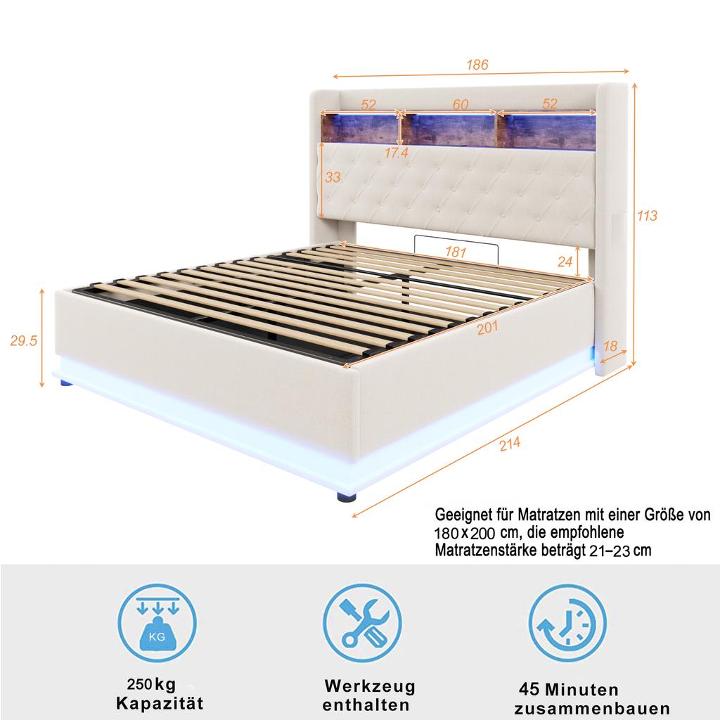 LED Upholstered Bed 180 X 200 Cm, Upholstered Storage Bed with USB Charging Port and Hydraulic Storage, Skin-friendly Linen Fabric, Beige