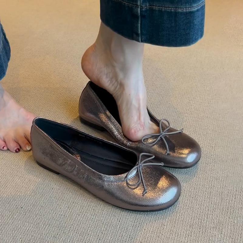 Saueskinnversjon~ runde tå sløyfe flate sko, lav utringning allsidige ett-pedal ballett single sko, dame bestemorsko