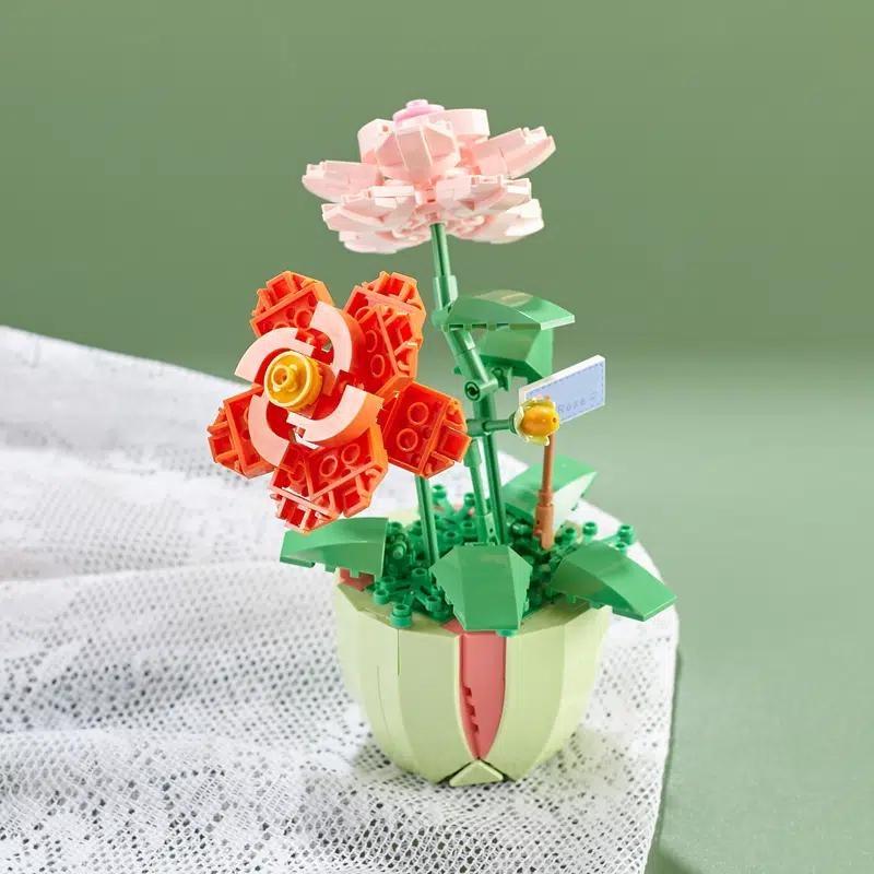 Building Block Bouquet 3D Model Home Decoration Plant Potted Chrysanthemum Rose Flower Assembly Brick Toy