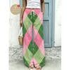 Pink-green checkered women's plus-size wide-leg pants, drawstring elastic waist pants, straight-leg version