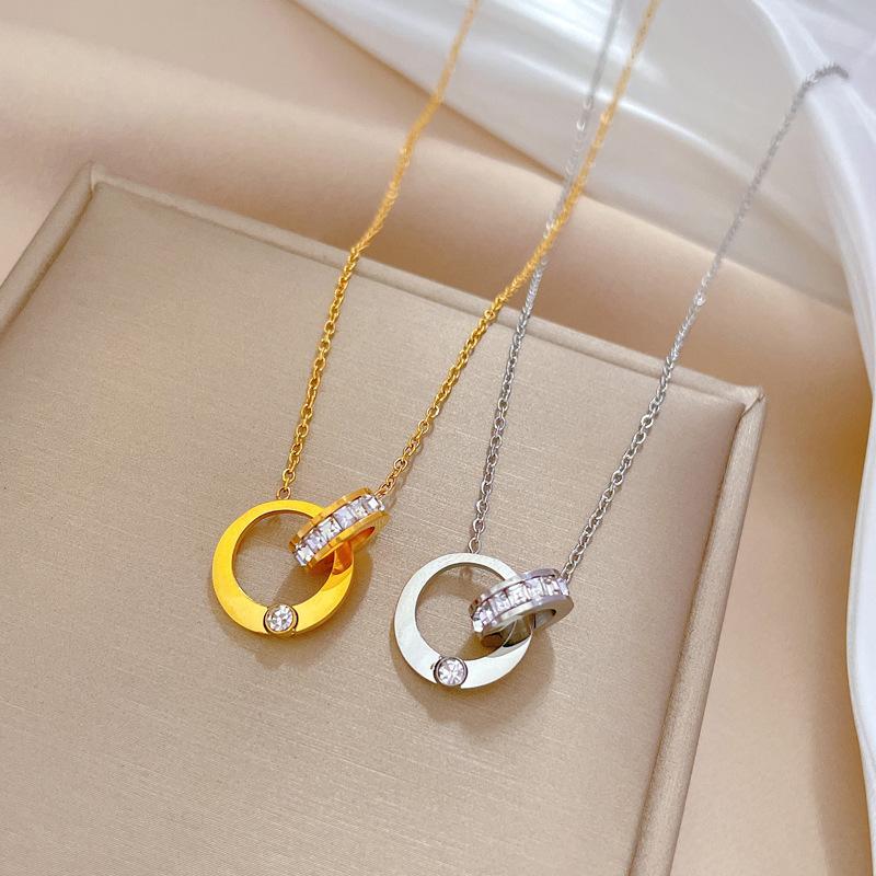 Double Ring Full Diamond Minimalist Furnace Real Gold Necklace Female Collarbone Chain Accessories