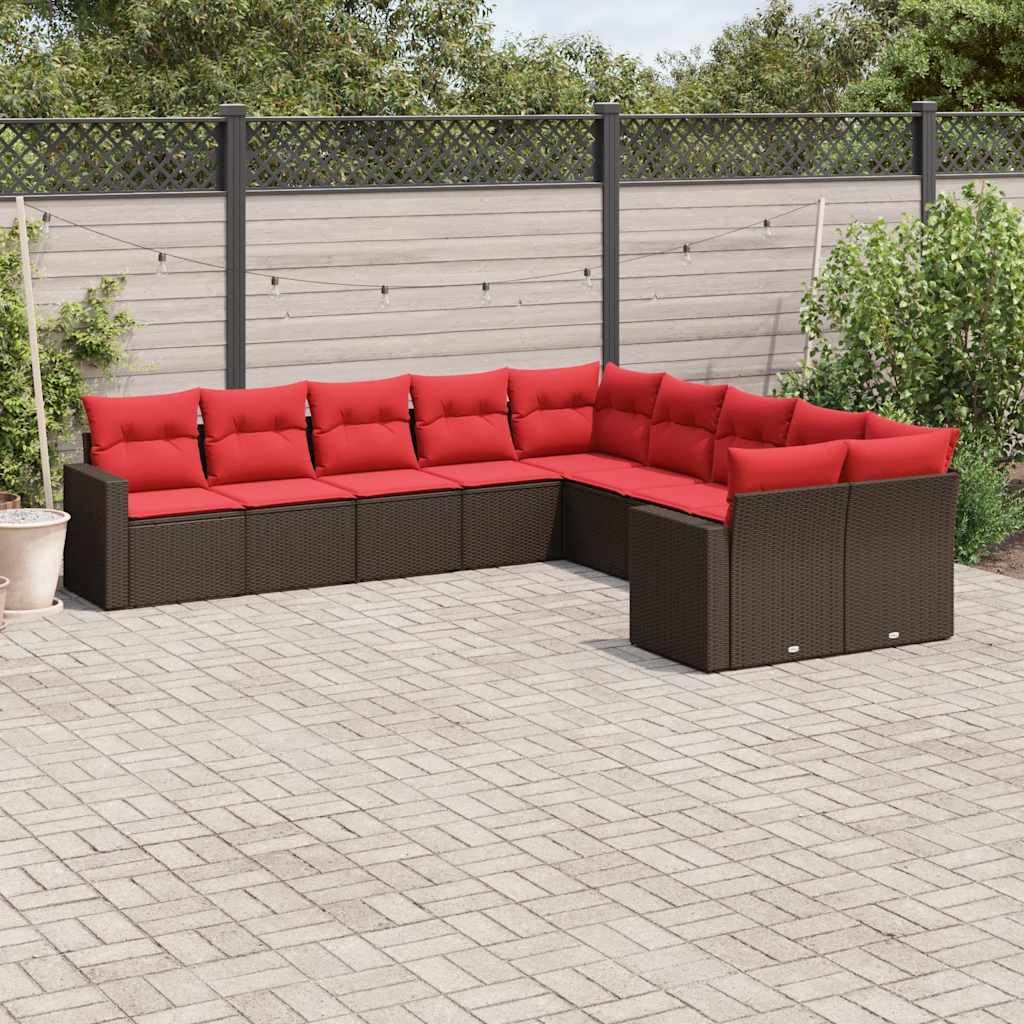 10 Piece Garden Sofa Set with Cushions Brown Poly Rattan