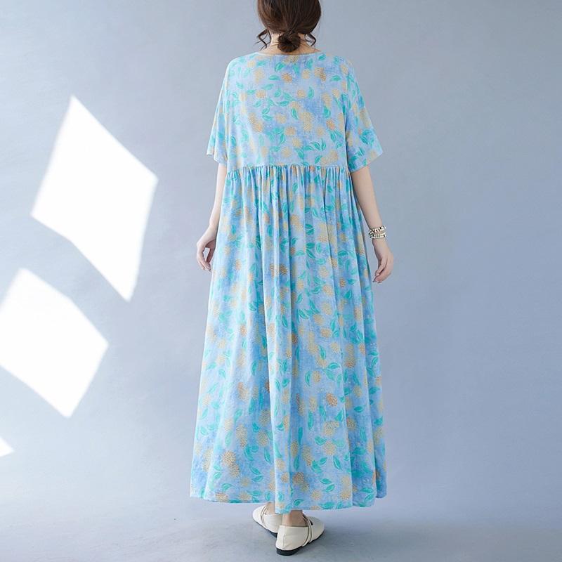Short Sleeve Plus Size Cotton Vintage Floral New In Dresses for Women Casual Loose Long Summer Dress