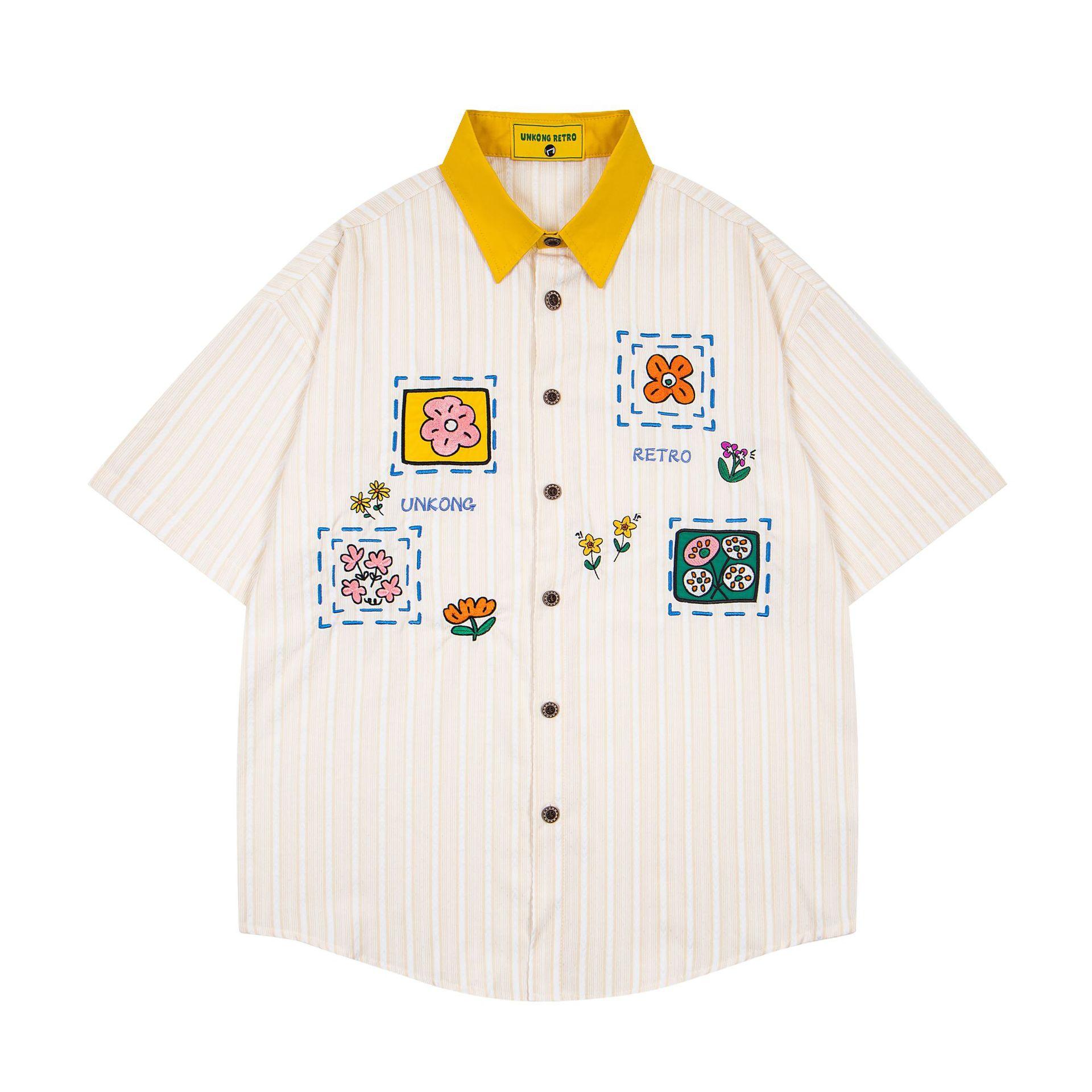 Summer striped shirt American antique fun flower embroidered shirt men and women M
