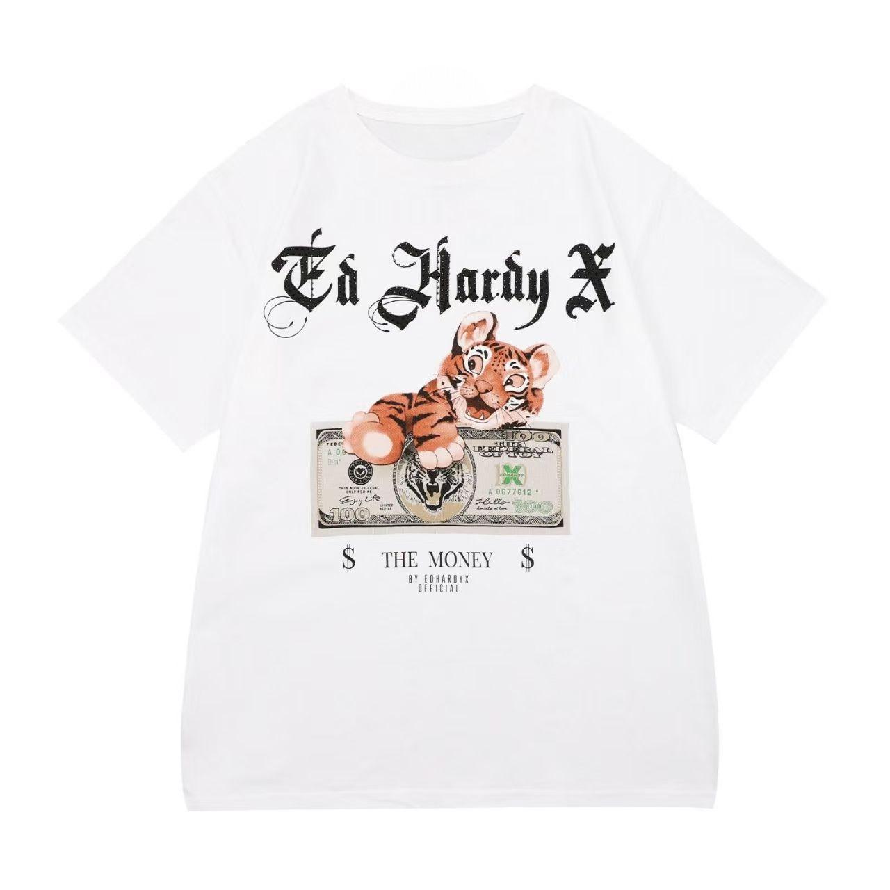 

Ed Hardy X Чорна футболка Чоловіча футболка з коротким рукавом з принтом Тигра та Грошей Вуличний стиль для модних ентузіастів 4XL