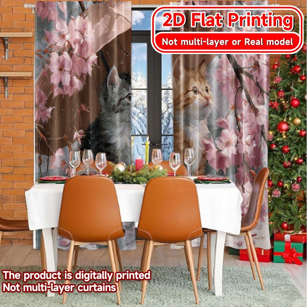 Set Of 2 Flat Printing Blossom Kittens Chic Curtain Durable Polyester Fabric Curtains Home Decor Suitable Living