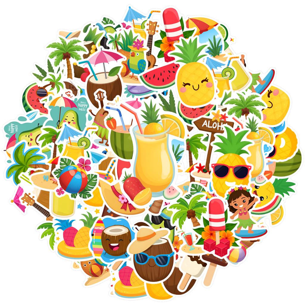 35pcs-50pcs Cartoon Tropical Stickers Playful Beach Stationery Stickers Summer Stickers For Laptop Motorcycle Luggage Phone DIY