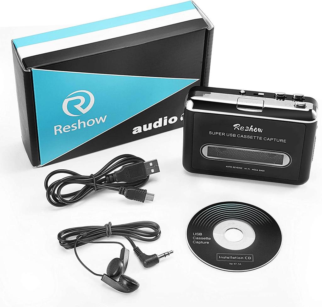 Reshow Portable Cassette Tape To Digital Converts Cassette Recorder To iPod Compatible with Laptops and Includes Earphones Black Player, Converter,