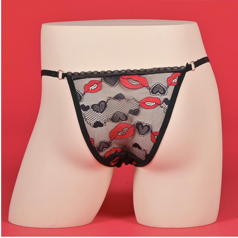 Couple Sexy Lace Fully Transparent Lingerie Underwear Lip Embroidery T-Back Thong Briefs Waist Adjust Gay Sissy Pouch Panties