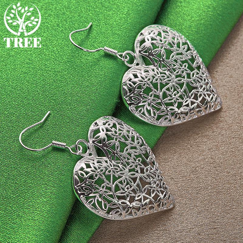 Sweet Romantic 925 Sterling Silver Carved Flower Heart Drop Earrings Women Birthday Anniversary Party Jewelry Fine Accessories