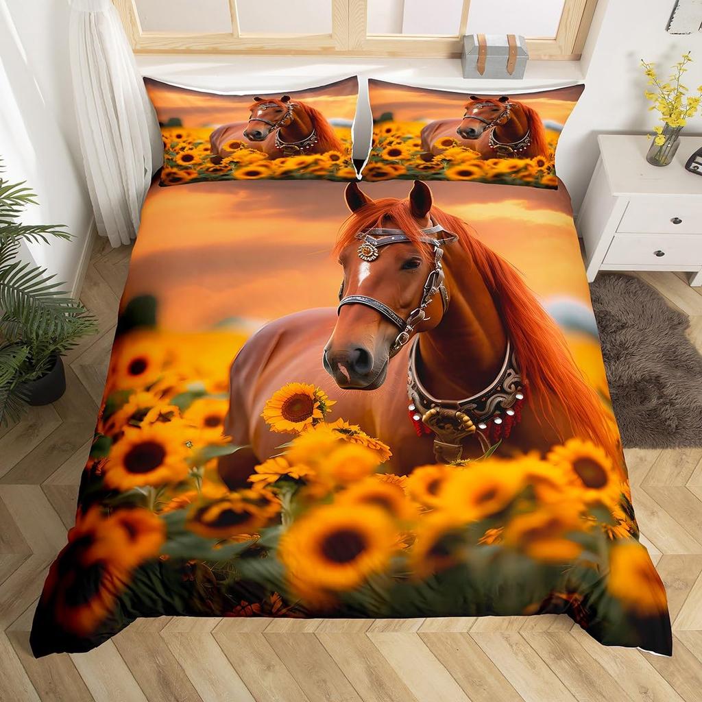 Horse Duvet Cover Western Cowboy Farmhouse Animal Bedding Set Soft Sunflower Floral Comforter Cover Twin Queen For Boys Girls