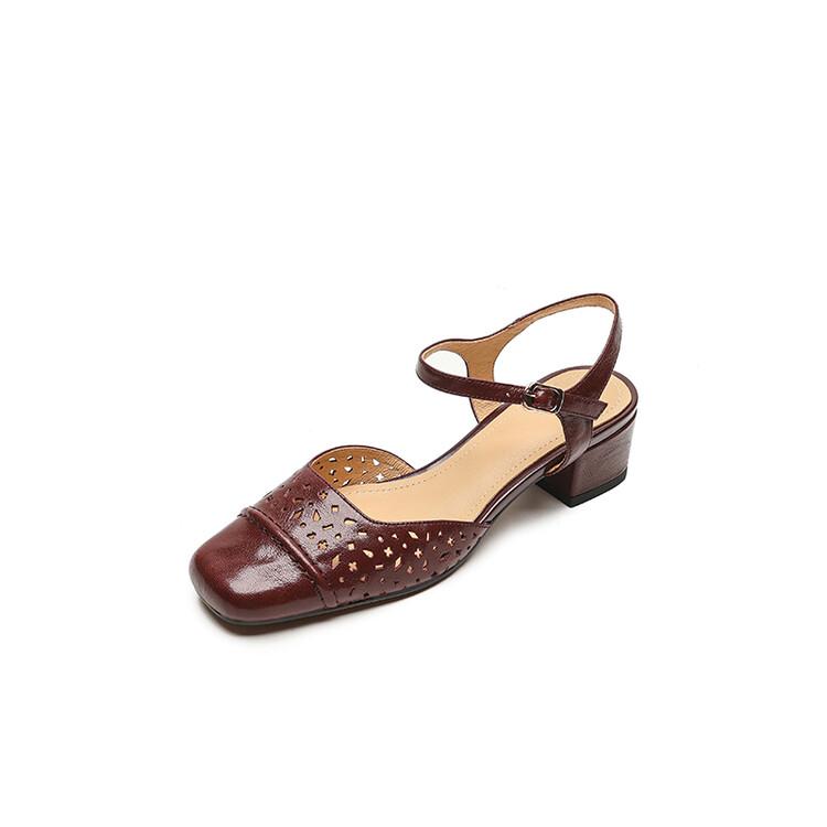 

Fashion NEW Summer Women Sandals Split Leather Shoes for Women Square Toe Chunky Heel Shoes Elegant Cover Toe Slingback Hollow Sandals 34 темно-красного