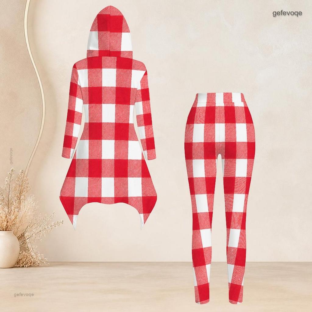 Women Plus Size Printed Hooded Long Sleeve High Low Top And Fitted Pants Two Piece Set