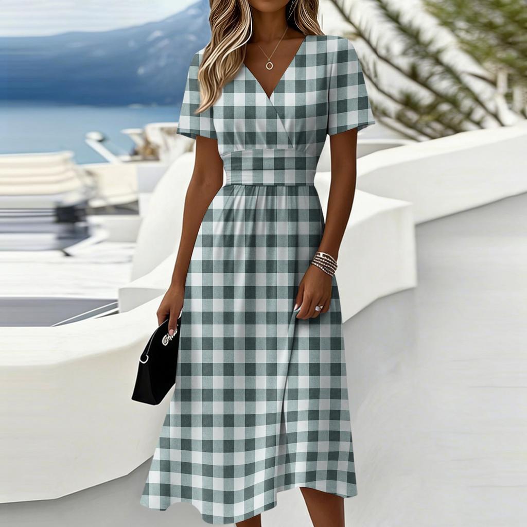 Women’s Gingham Print Casual Midi Dress with Short Sleeves V Neck and Relaxed Fit for Everyday Wear and Comfort