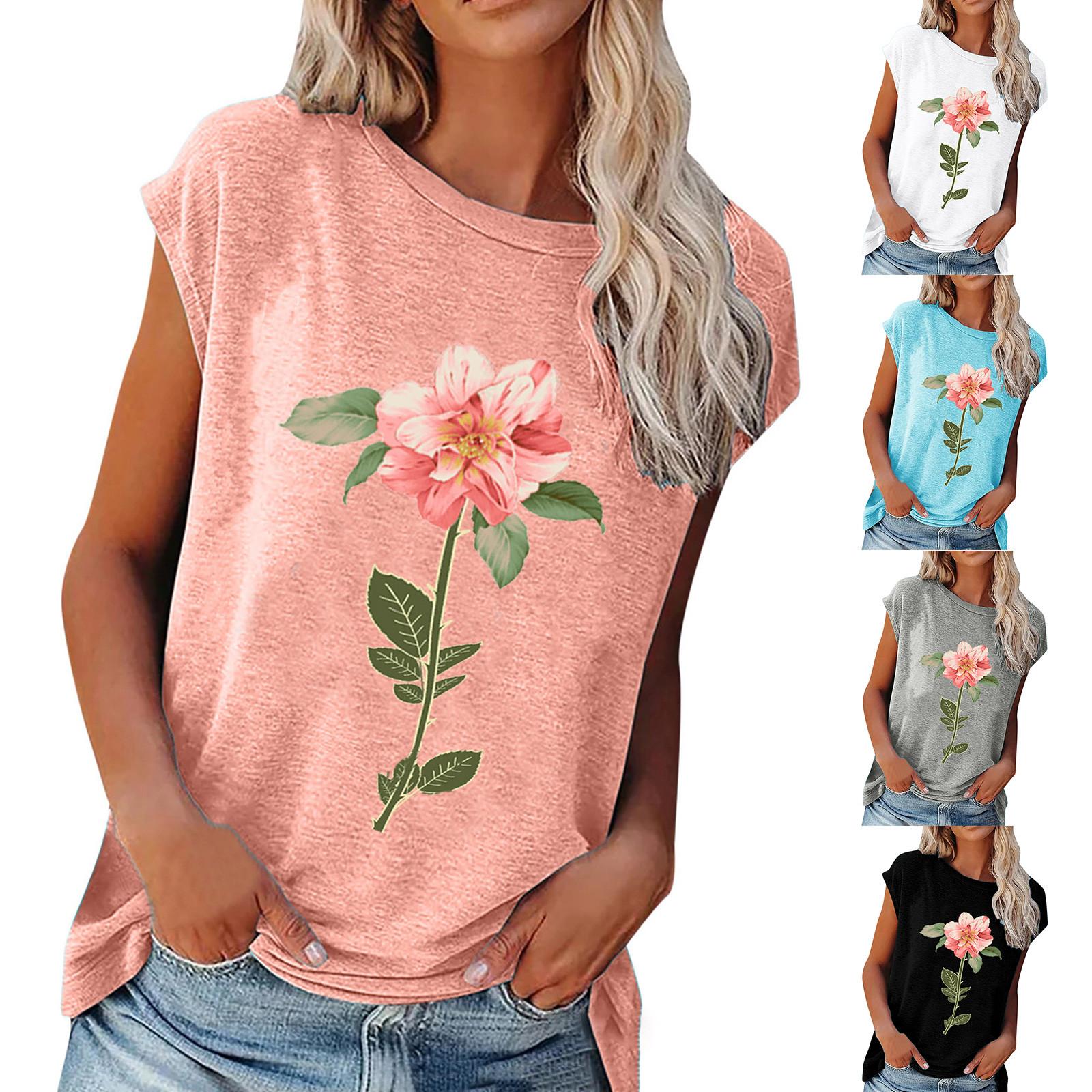 

Women s Summer Loose Single Flower Print Short Sleeve T-shirt Top