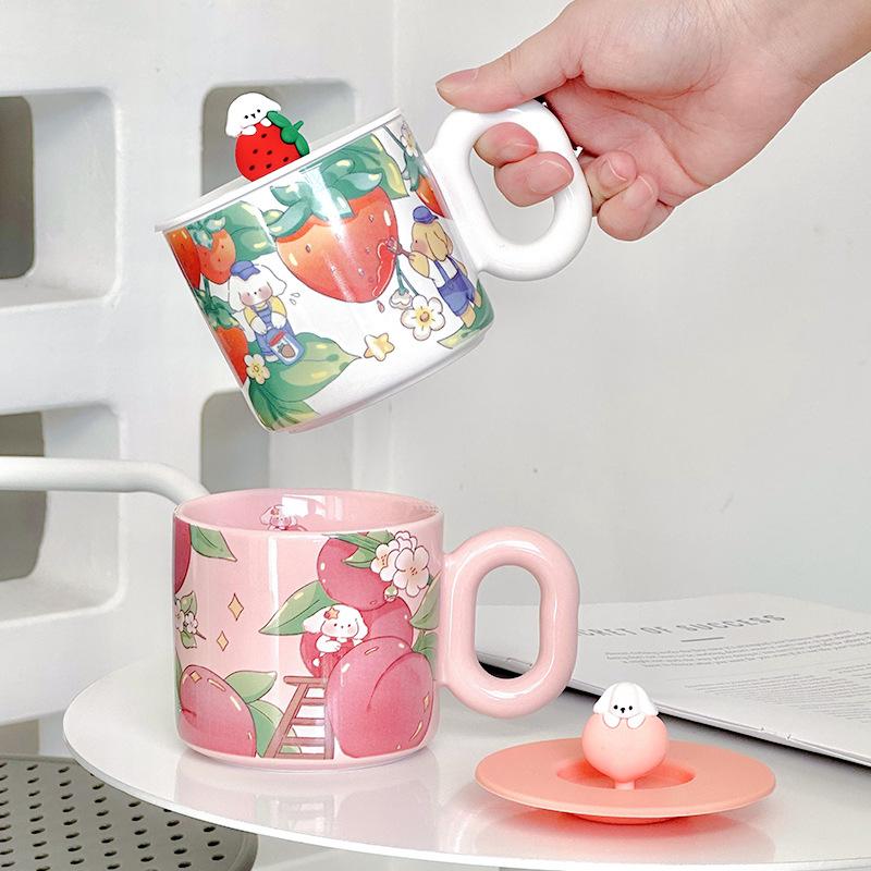 High-Value Cartoon Ceramic Cup With Lid Household Cute Couple Coffee Cup Creative Souvenir