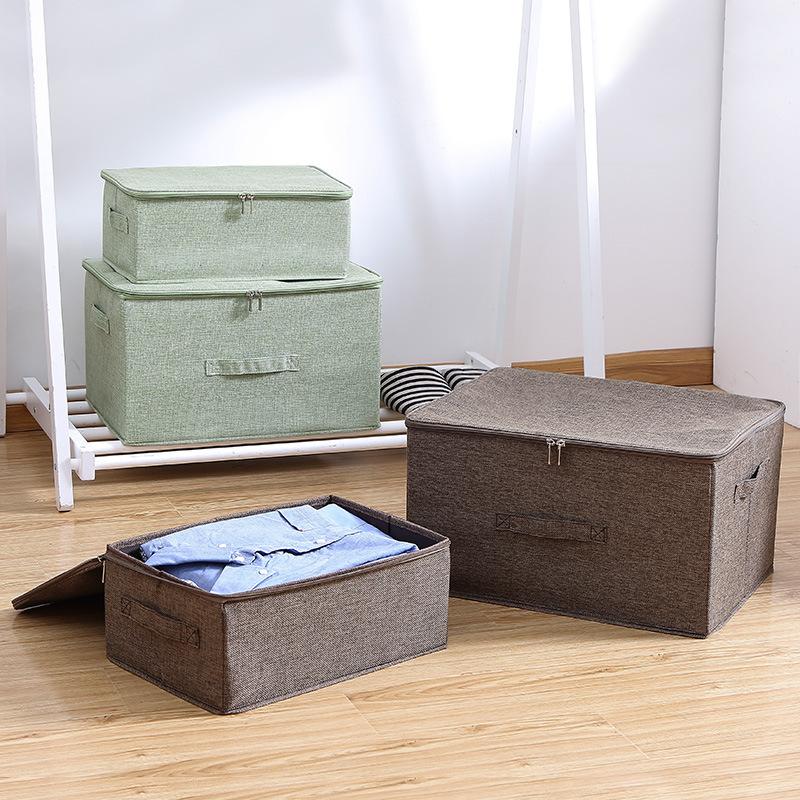 Cotton Linen Storage Box with PP Padded Bottom Foldable Zippers Storage Bag Organizer Case for Seasonal Duvets Clothes Bedding