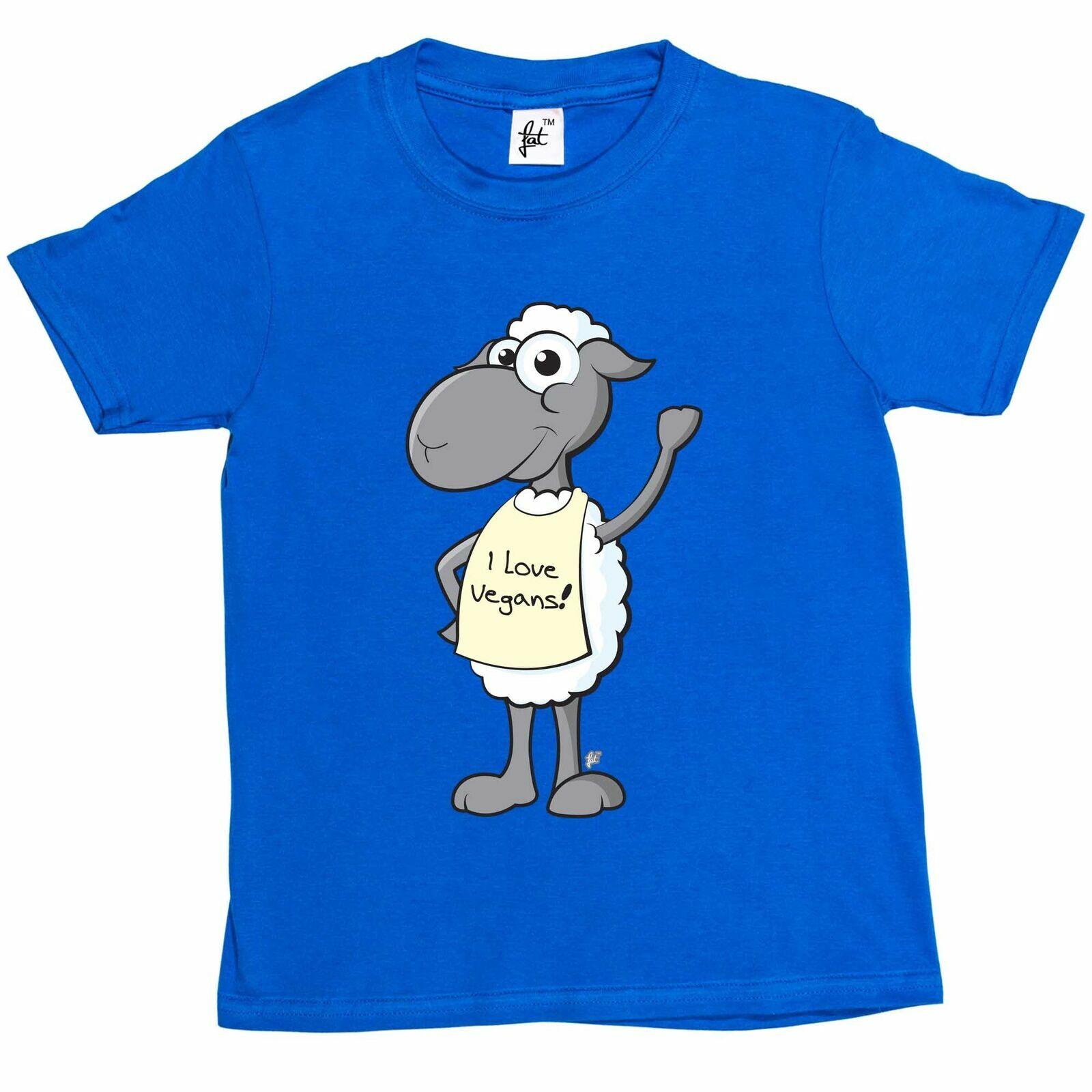 Waving Smiling Sheep Wearing I Love Vegans Sign Kids Boys Girls T-Shirt L