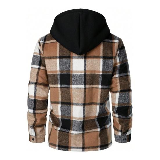 Men Coat Hooded Long Sleeve Plaid Print Jacket Windproof Casual Street Style Spring Autumn Jacket Daily Wear