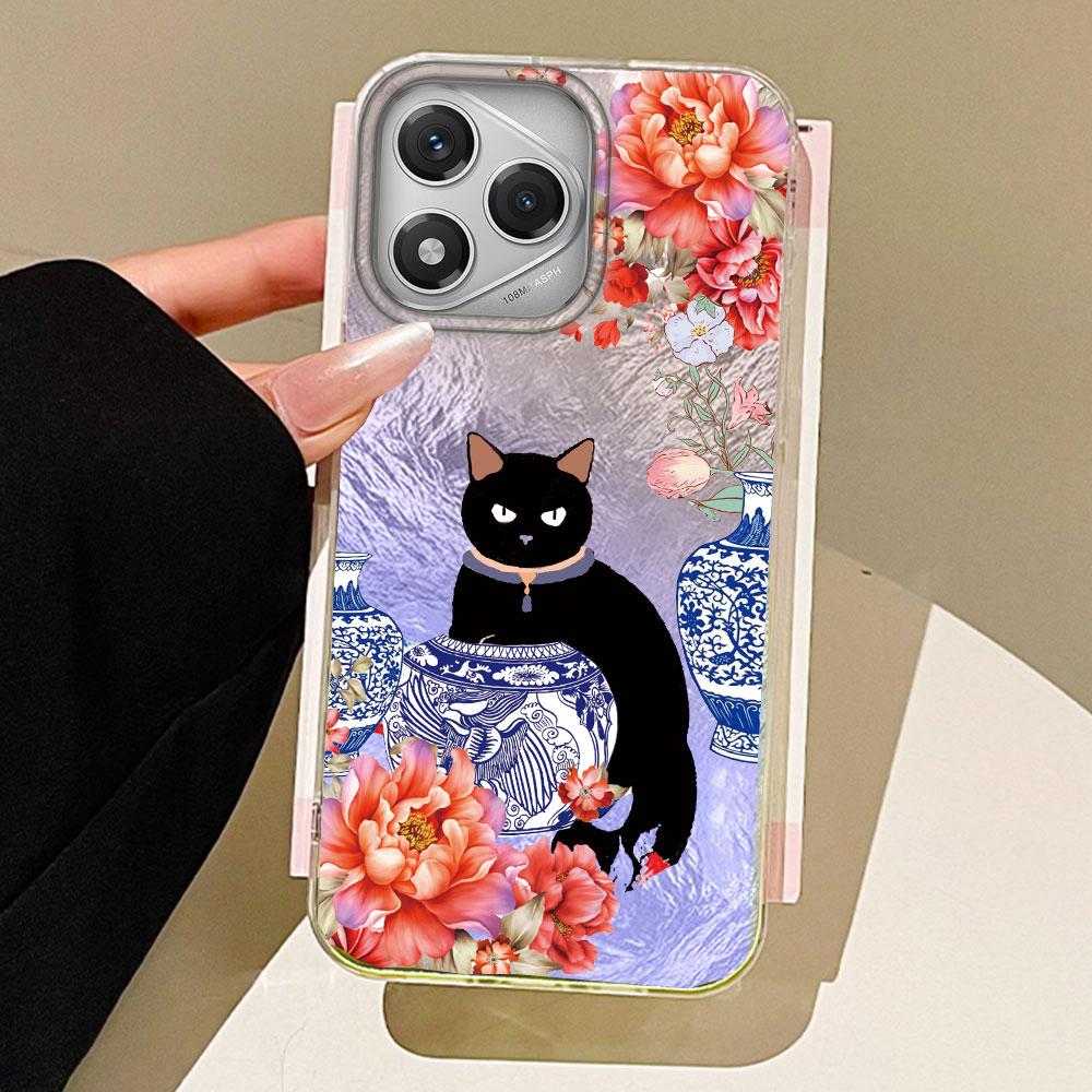 Luxury Black Cat Flower Glacier Texture Phone Case for Honor 400 200 Pro Magic7 6 5 Lite X9a X9c X8b X8a X8c Silicone Back Cover