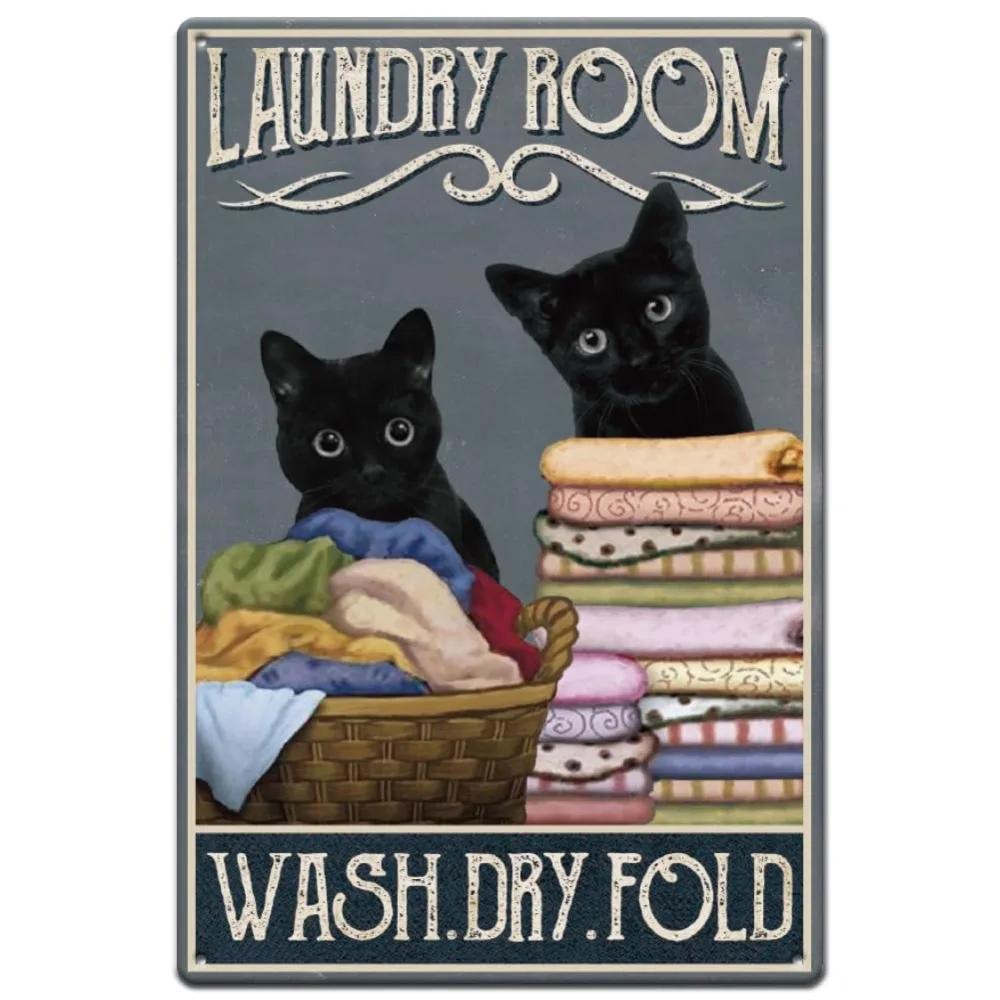 

SUPERDANT Black Cat Wash Dry Fold Tin Sign - 15% Off Laundry Room Metal Decor 20x30cm（7.8x11.8inch）